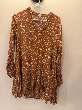 Flawless Rust Brown Floral Tiered Babydoll Mini Dress Long Sleeve V-Neck Small